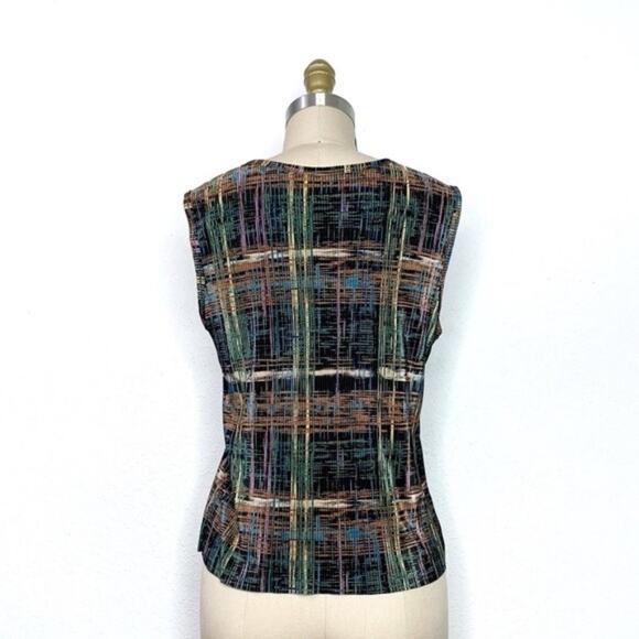 VINTAGE 90s Green/Black Plissé Pleated Abstract Plaid Shell Tank Top Small - Picture 2 of 5